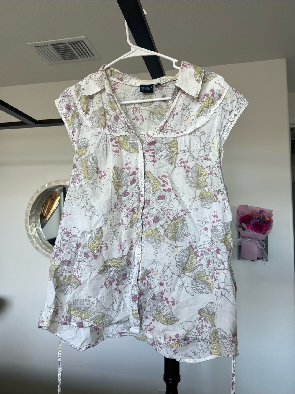 Sonoma White Floral Cap-Sleeve Button Front Blouse with Purple and Green Print